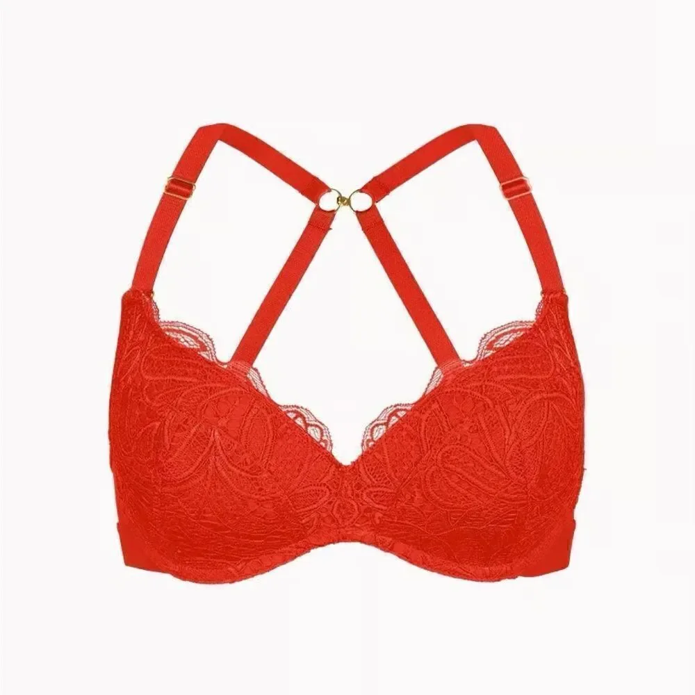 Lively Scalloped Lace No-Wire Push-Up Convertible Bra Tomato Red 34DDD